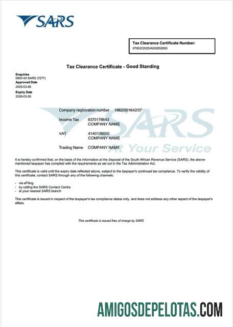 Certificado de liquidação fiscal realista da África do Sul modelo Word e PDF